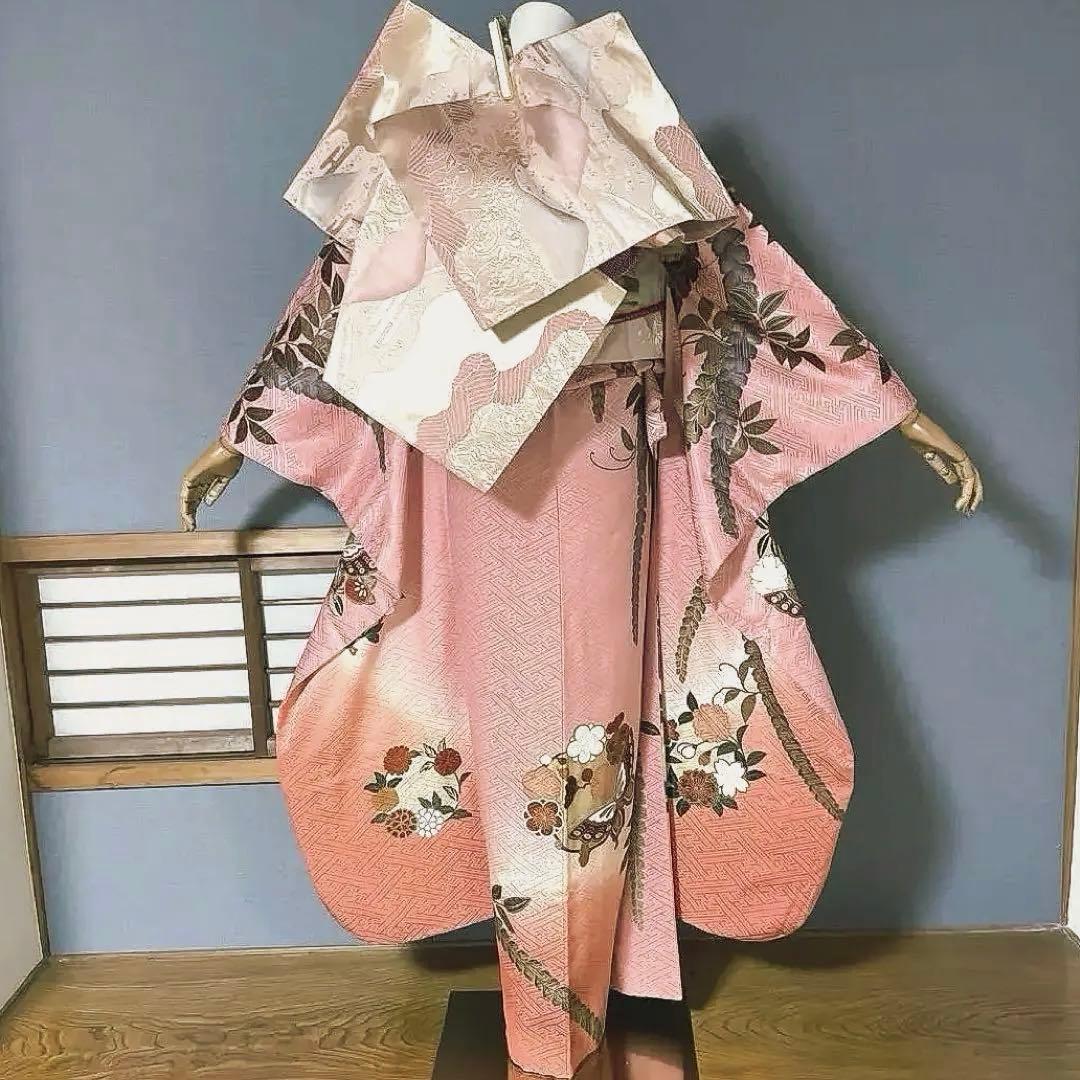 振袖フルセット 手描き友禅 桃色にグレーの古典柄は良家のお嬢様 成人