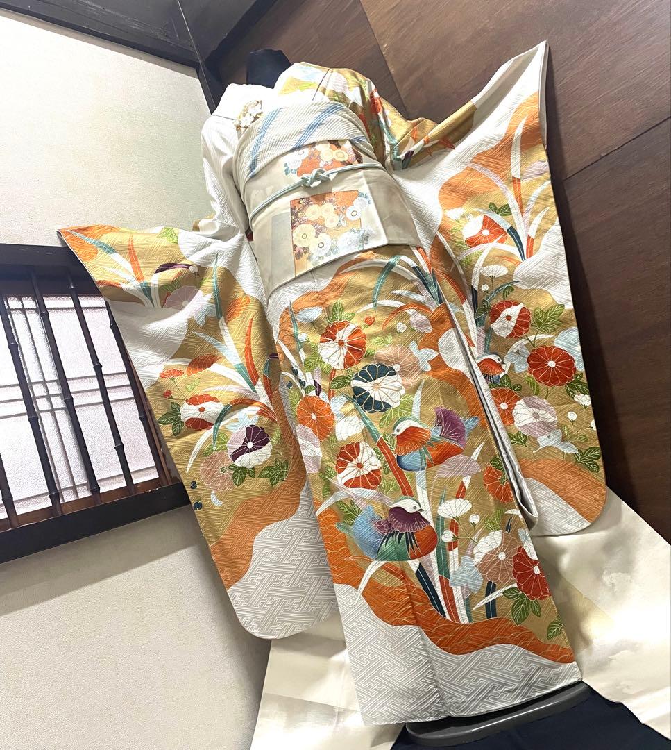 振袖フルセット6点M〜Ｌサイズ　正絹　鴛鴦花文　売り切り終了 振袖 セット 未仕立て 仮絵羽 黄緑 イエローグリーン 牡丹 菊 亀甲 花