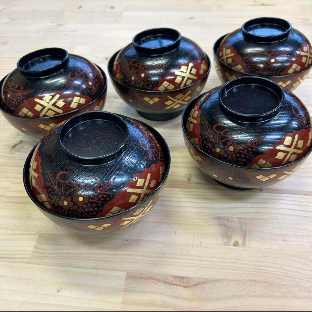 輪島塗り 木製 椀 5客揃 お椀 吸物椀 汁椀 懐石 漆器 漆塗 和食器 蒔絵 輪島塗 つばき蒔絵 吸物椀5客 輪島塗吸物椀 輪島塗お椀 汁椀 椿蒔絵