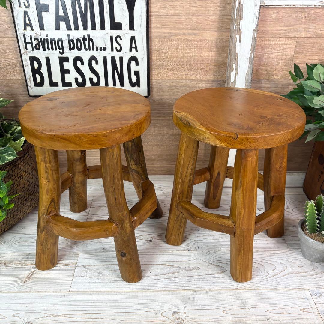 オールドチーク天然無垢極太丸木脚丸スツールM二脚セット木製天然無垢椅子花台チェア チーク無垢材ラウンドスツール