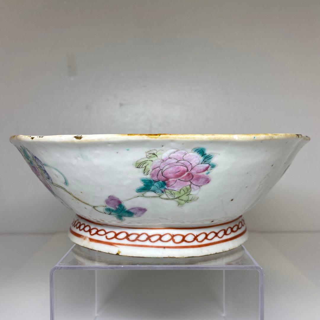 中国清時代 粉彩花鳥画鉢 幅約22㎝ 東Y7-0331②タサオ