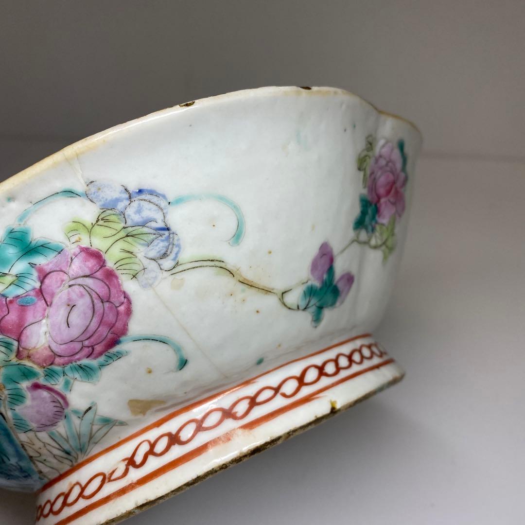 中国清時代 粉彩花鳥画鉢 幅約22㎝ 東Y7-0331②タサオ