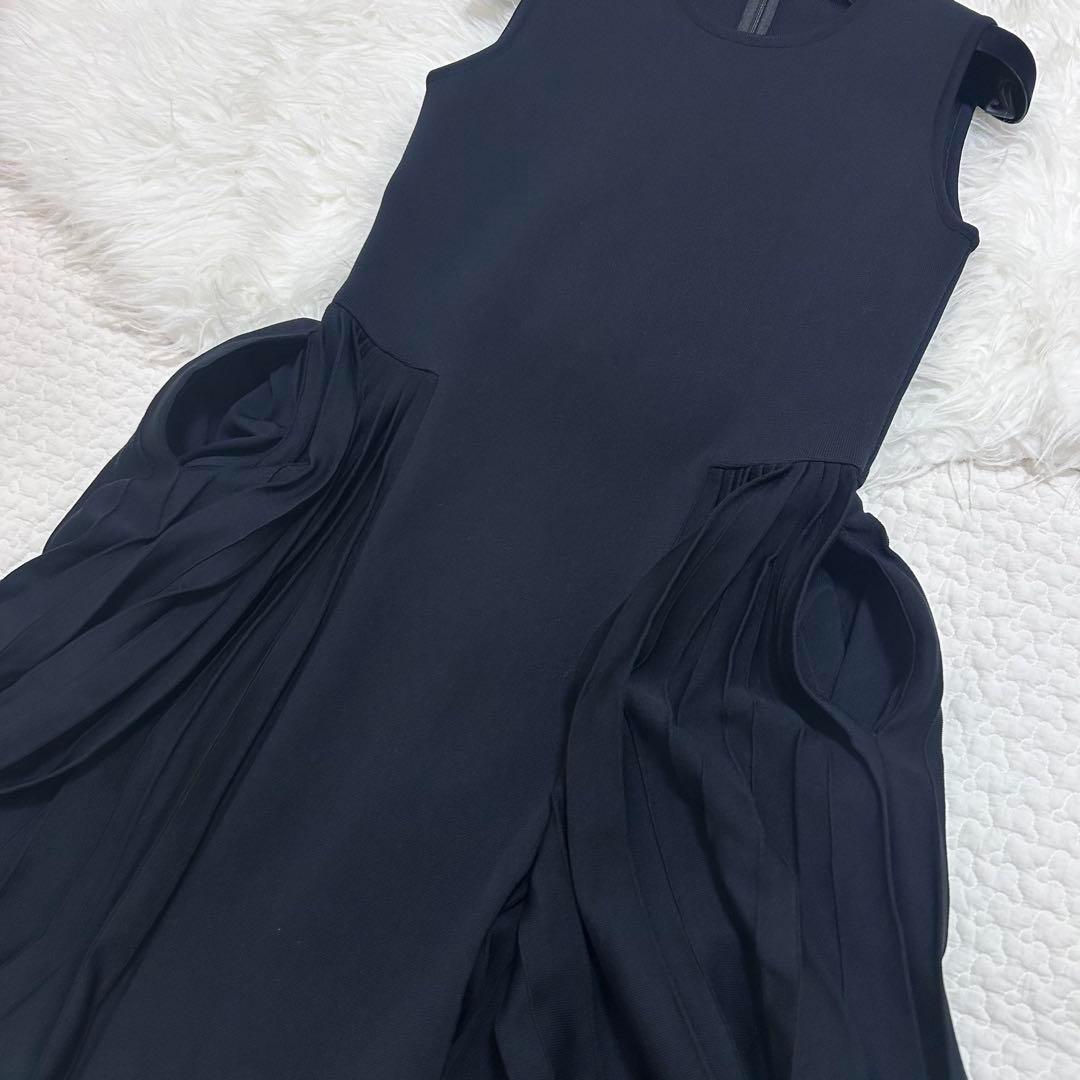 美品♡FOXEY サイドプリーツニットワンピース フレア 38 ダークネイビー