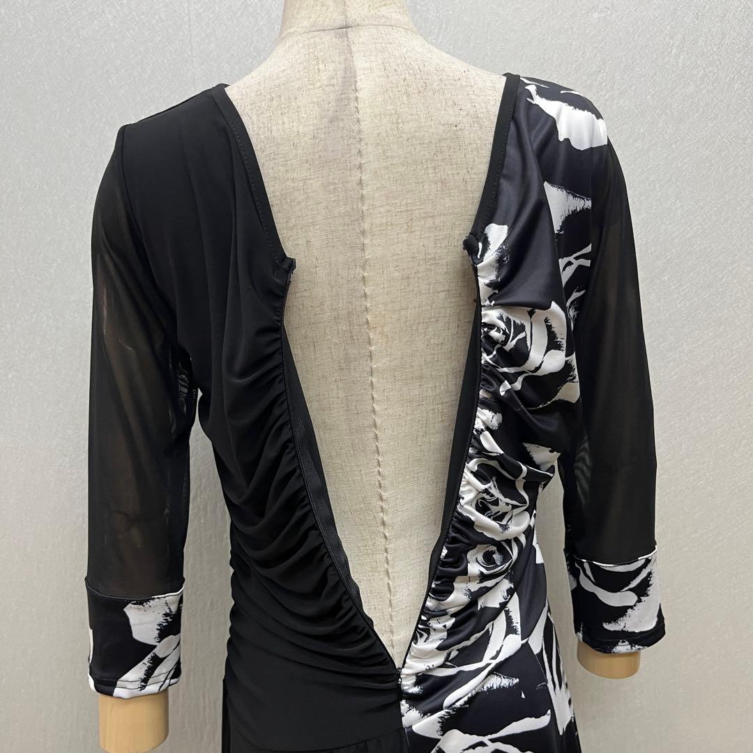 新品 社交ダンス ワンピース ブラック バラ柄 プリント サイズML