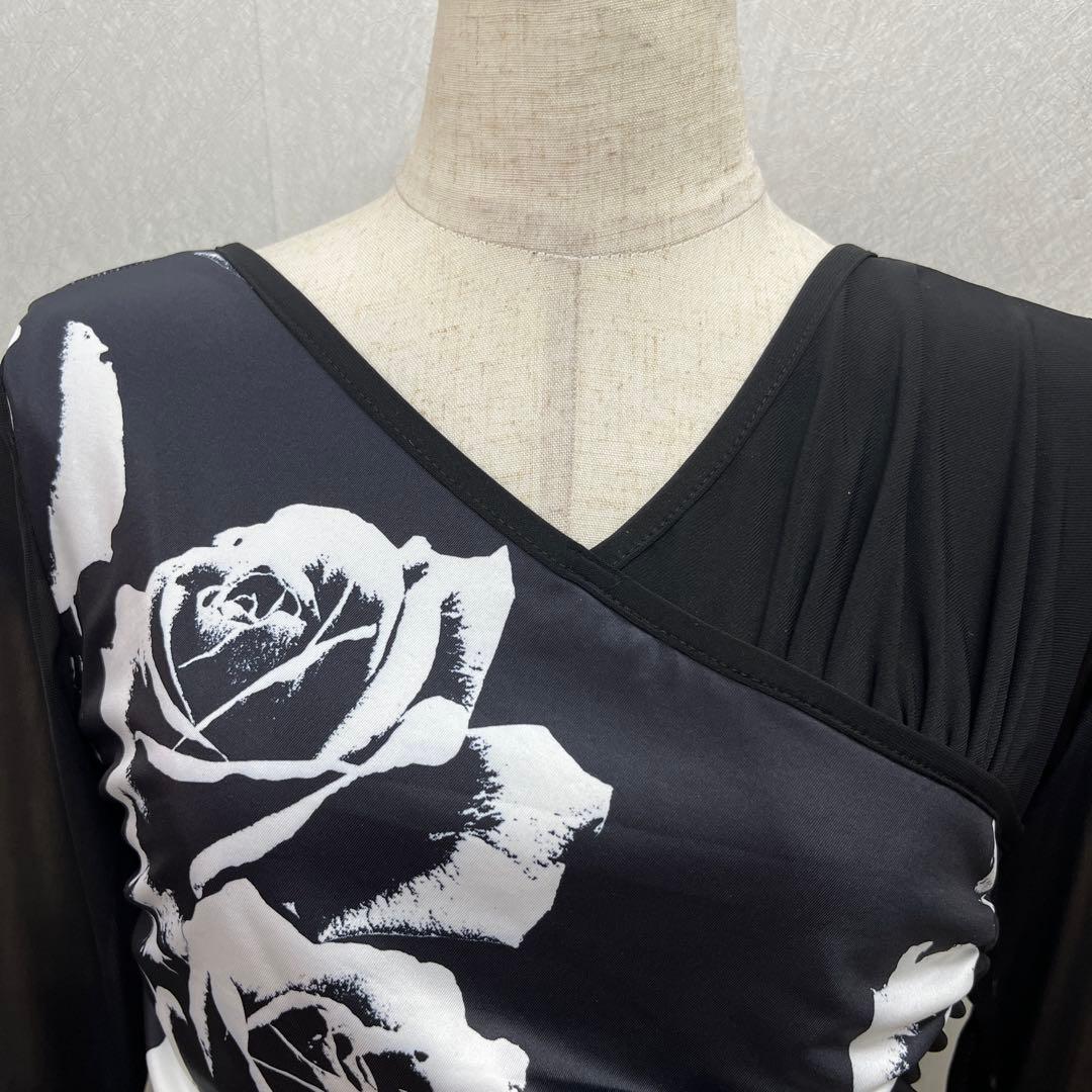 新品 社交ダンス ワンピース ブラック バラ柄 プリント サイズML