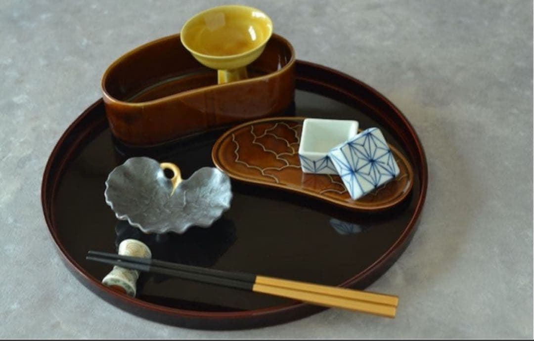 有田焼 福泉窯 黒絞釉刷毛茎金彩 ツワ型小付 5点セット