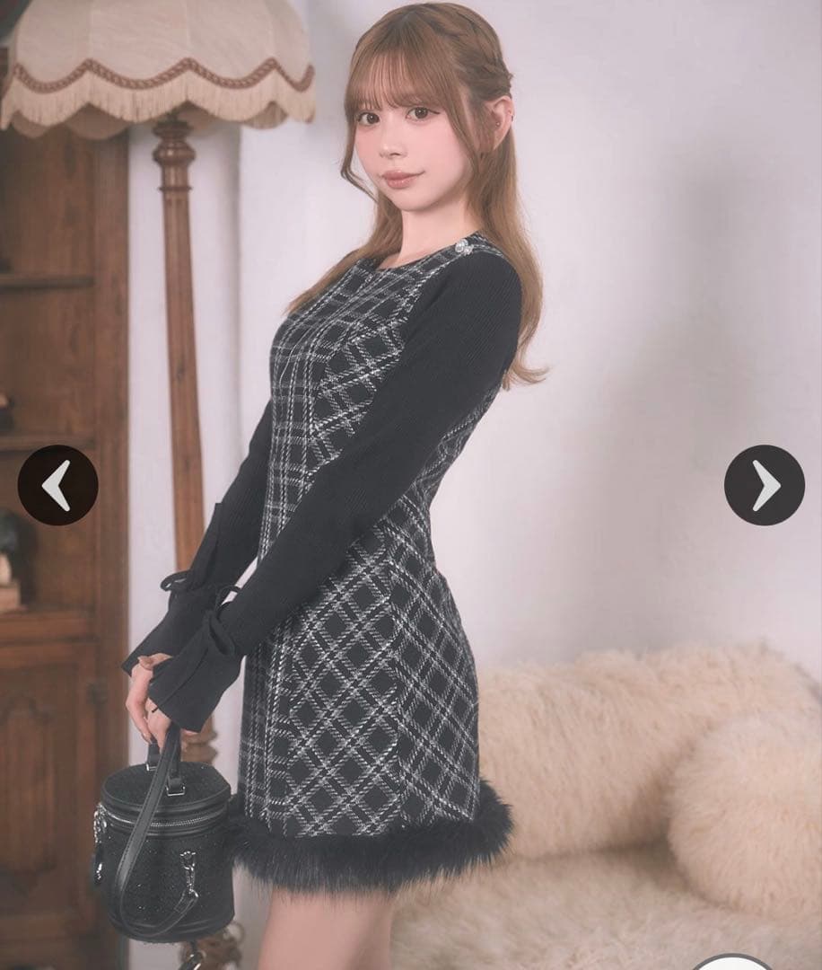 ミシェルマカロン ツイードチェックドッキングワンピース ブラック