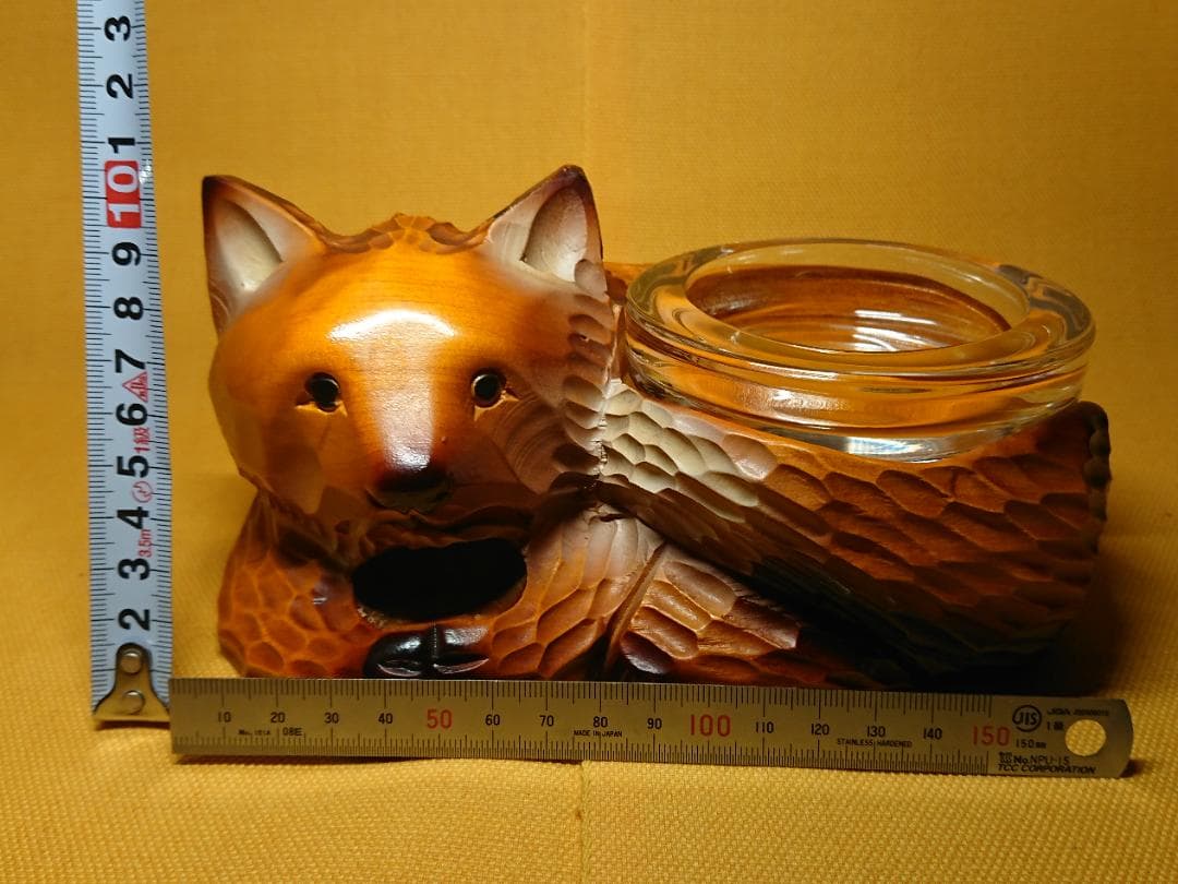 美品】キツネ 狐 木彫 ガラス 置物 インテリア 工芸品 美術品 A1039
