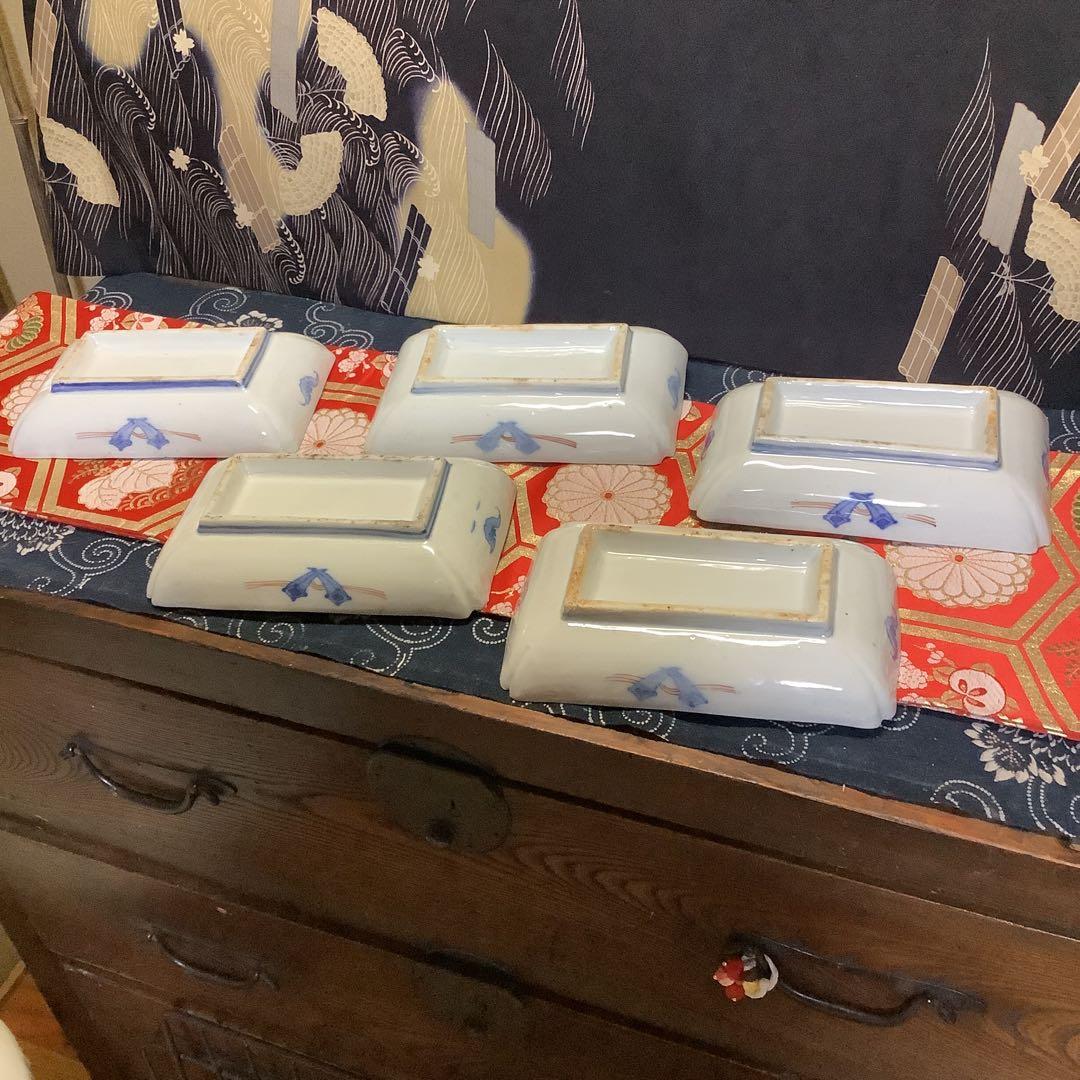 古伊万里 金欄色絵 絵皿 鳳凰紋 長方皿 5客 江戸〜幕末 輪島塗・李朝