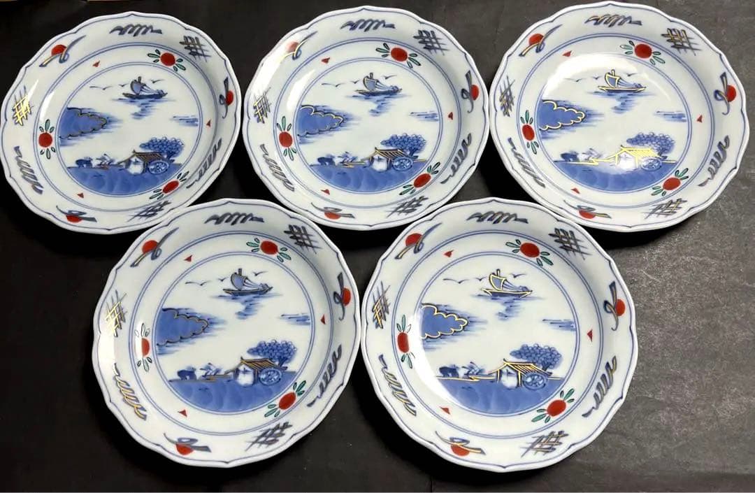 希少品】九谷焼 九谷清山造 染付 金彩 中皿 5客セット