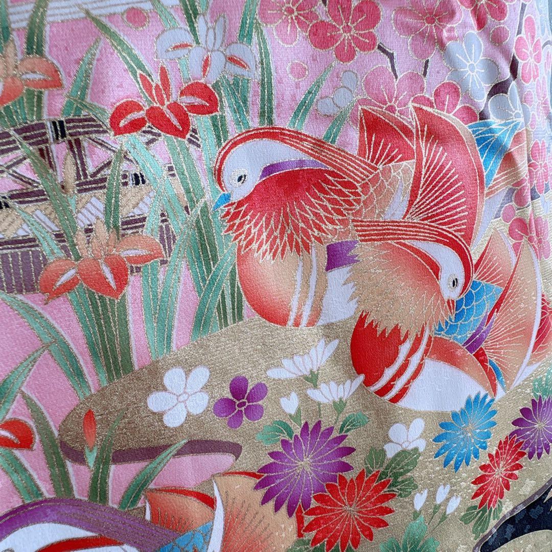 七五三 7歳女の子 フルセット きものピンク 帯黒地 正絹 簡単半襟 7281