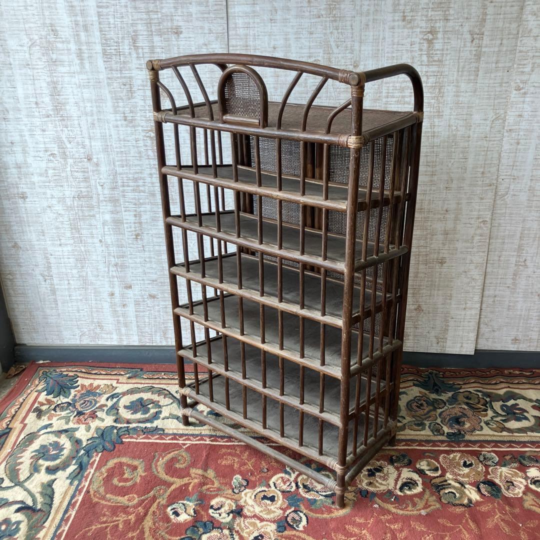 昭和レトロ 扉付き 6段ラタンシューズラック 下駄箱 籐家具 古家具