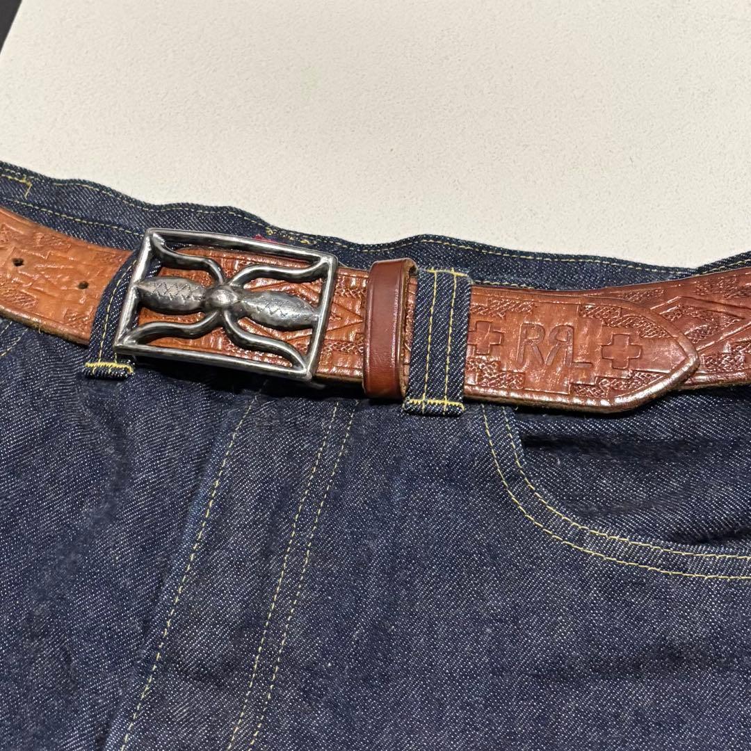 希少 RRL スパイダー バックル ロゴ カービング レザー ベルト 32