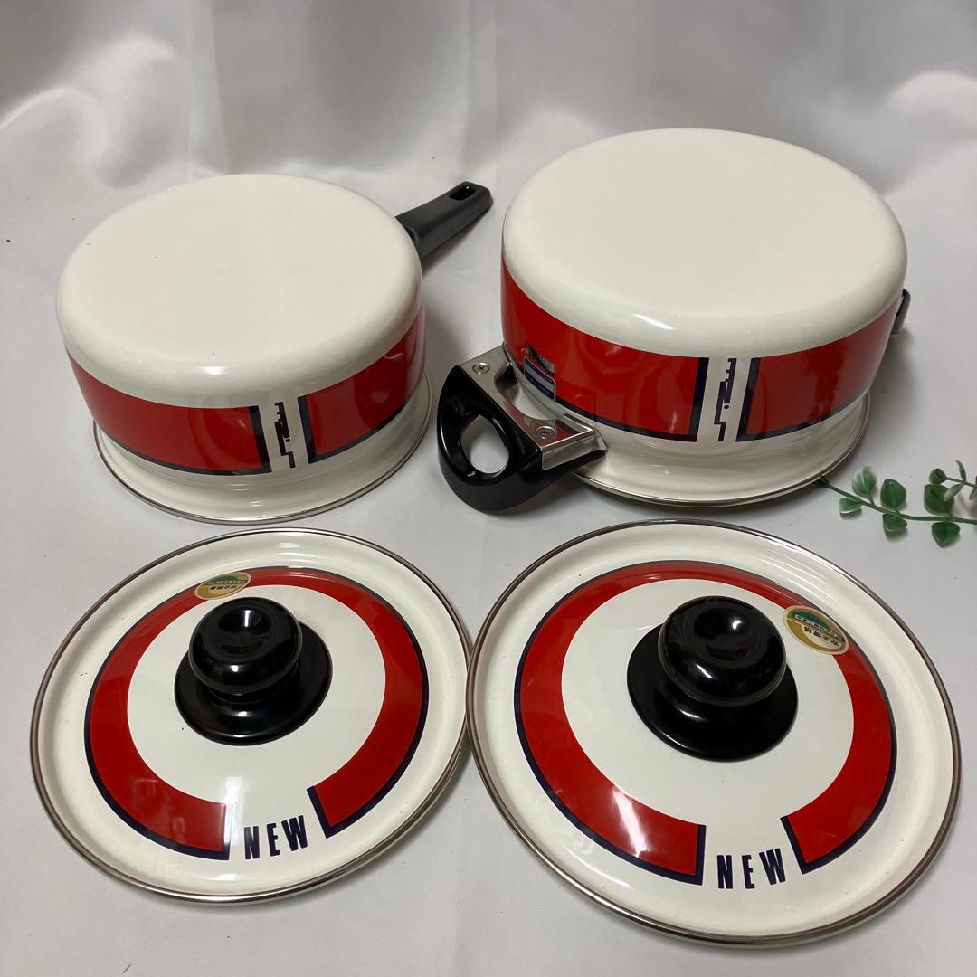 新品 象印 ホーロー鍋 両手鍋 片手鍋セット 昭和レトロ レッドライン