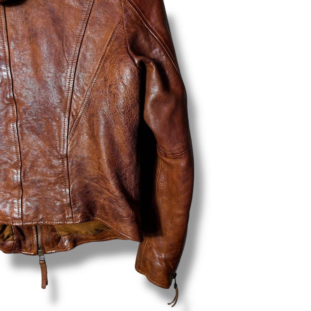 Goa 襟ファー フード付きラムレザーシングルライダースジャケット Y2K