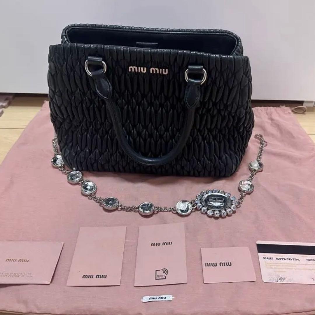 miumiu ハンドバッグ トートバッグ ナッパ クリスタル マトラッセ 黒