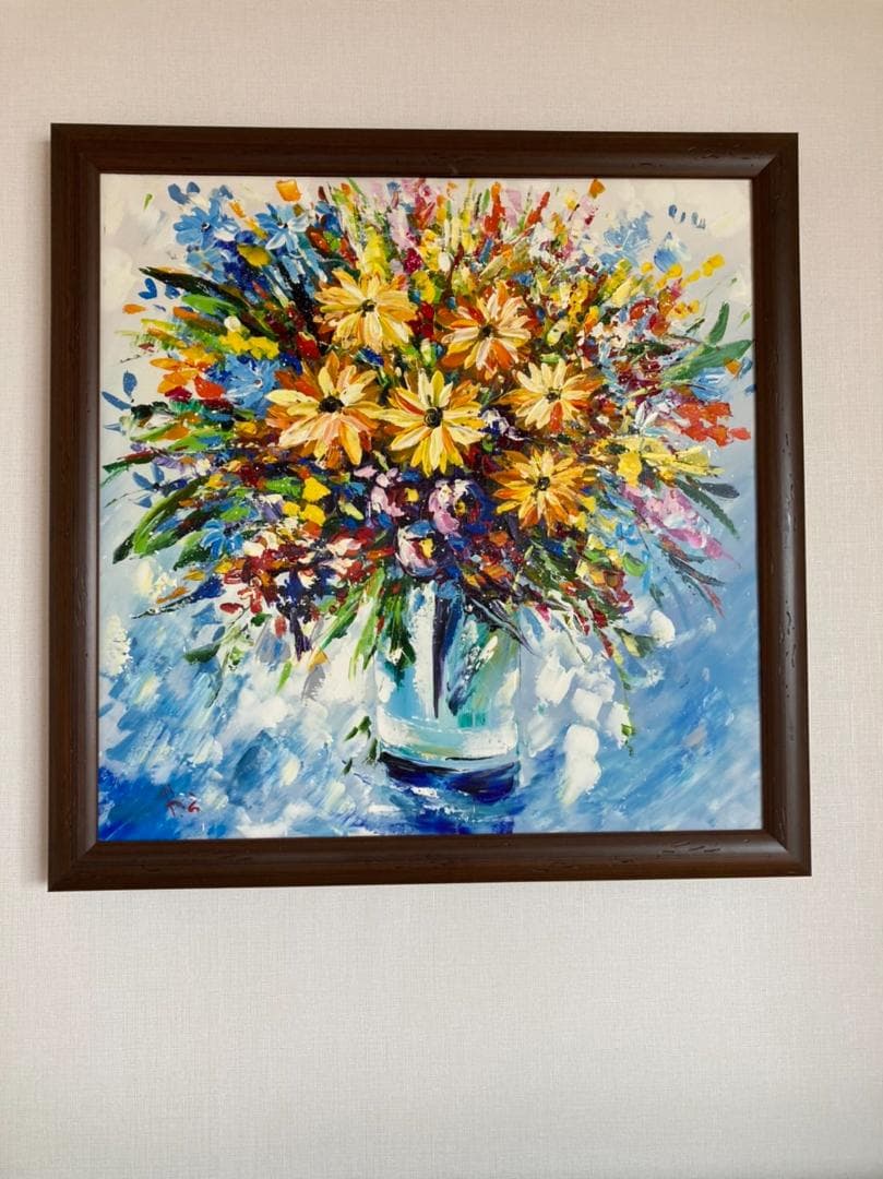 ガラスの花瓶に生けた花の静物画（油絵肉筆画）（680×680） - メルカリ
