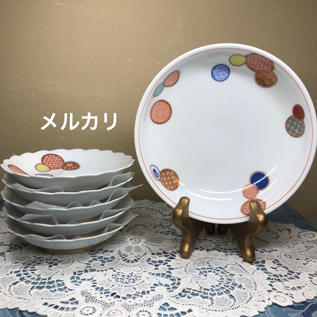 深川製磁 赤絵丸紋 銘々皿 5枚1セット(木箱入り) ＆ 丸鉢 1客