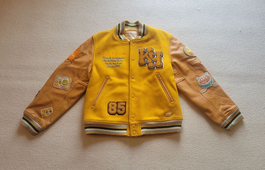 Karl Helmut イエロー スタジャン Mサイズ カールヘルム Karl Helmut スタジャン アワードジャケット 袖レザー
