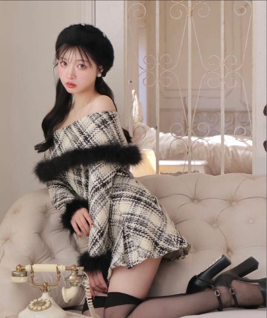 M me eme オフショルダーロービングチェックミニワンピース | 激安通販