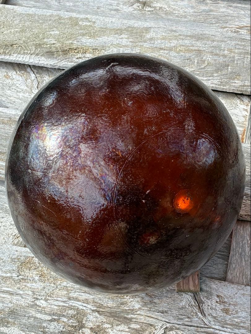 琥珀色のガラス浮き玉 特大サイズ直径約40cm ヘソ無し レアカラー 琥珀