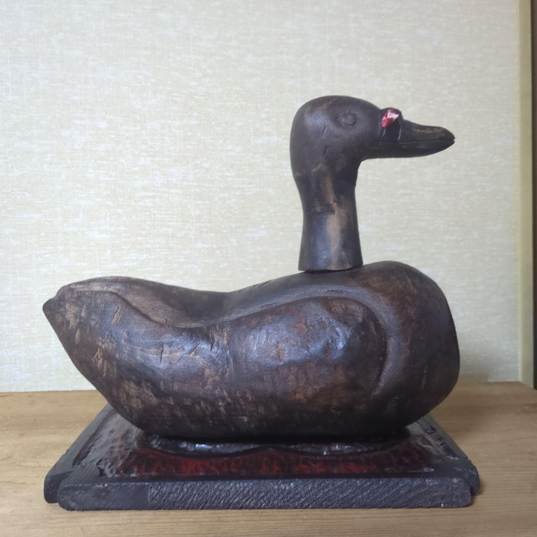 313 李朝工芸 木彫彩色鴨 木雁 デコイ 骨董 アンティーク 313 李朝工芸