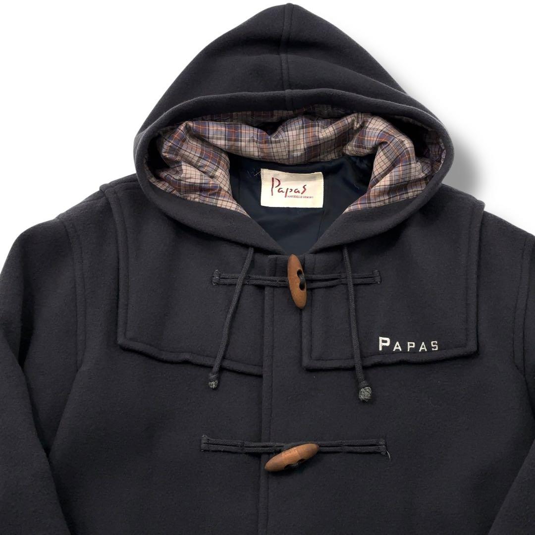 美品】PaPas パパス ダッフルコート チェック 木製トグル ダーク