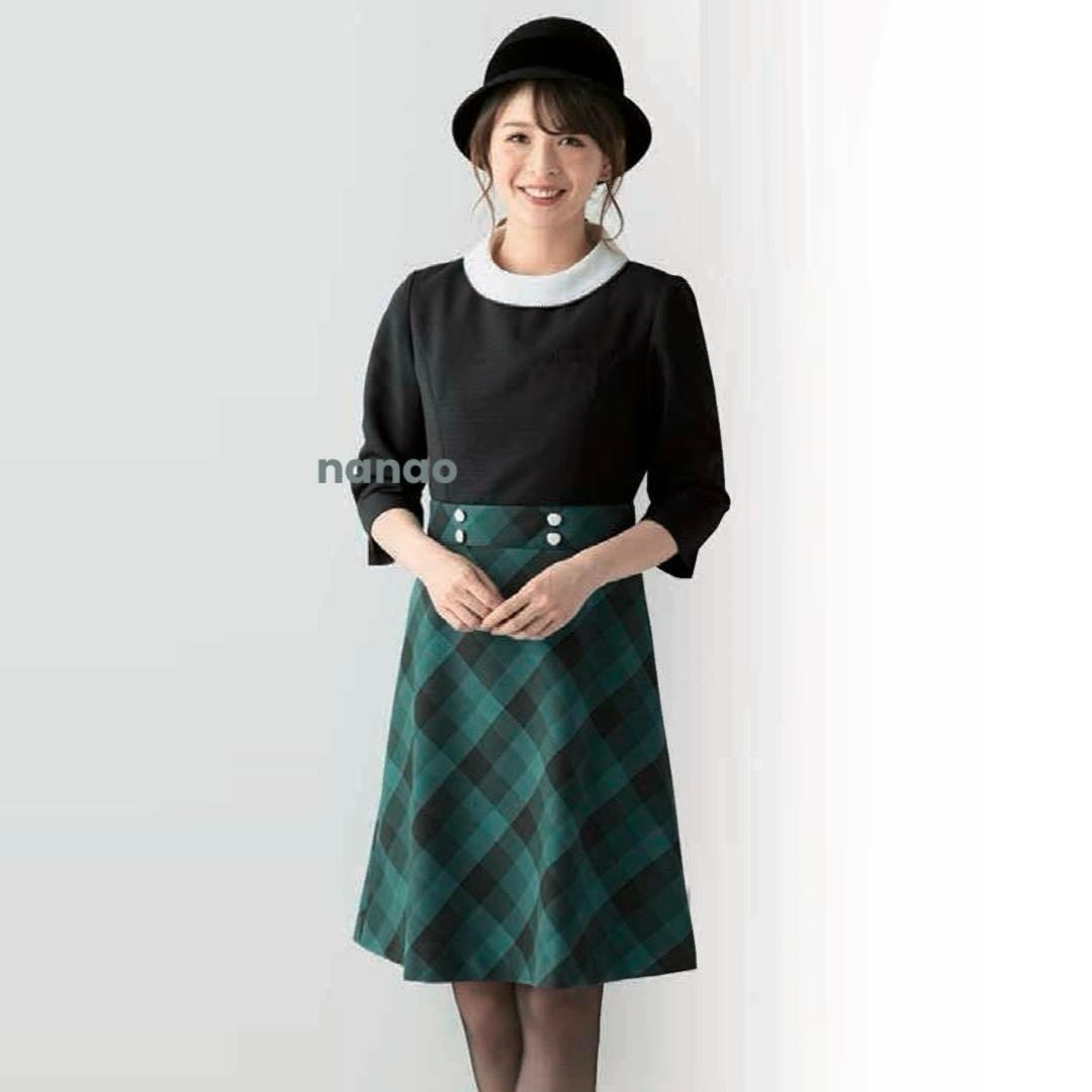 新品タグ付き】アンジョア 事務服 13号 七分袖ワンピース グリーン