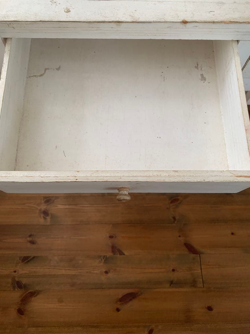 古道具 アンティーク ホワイト木製テーブル 引き出し2つ付