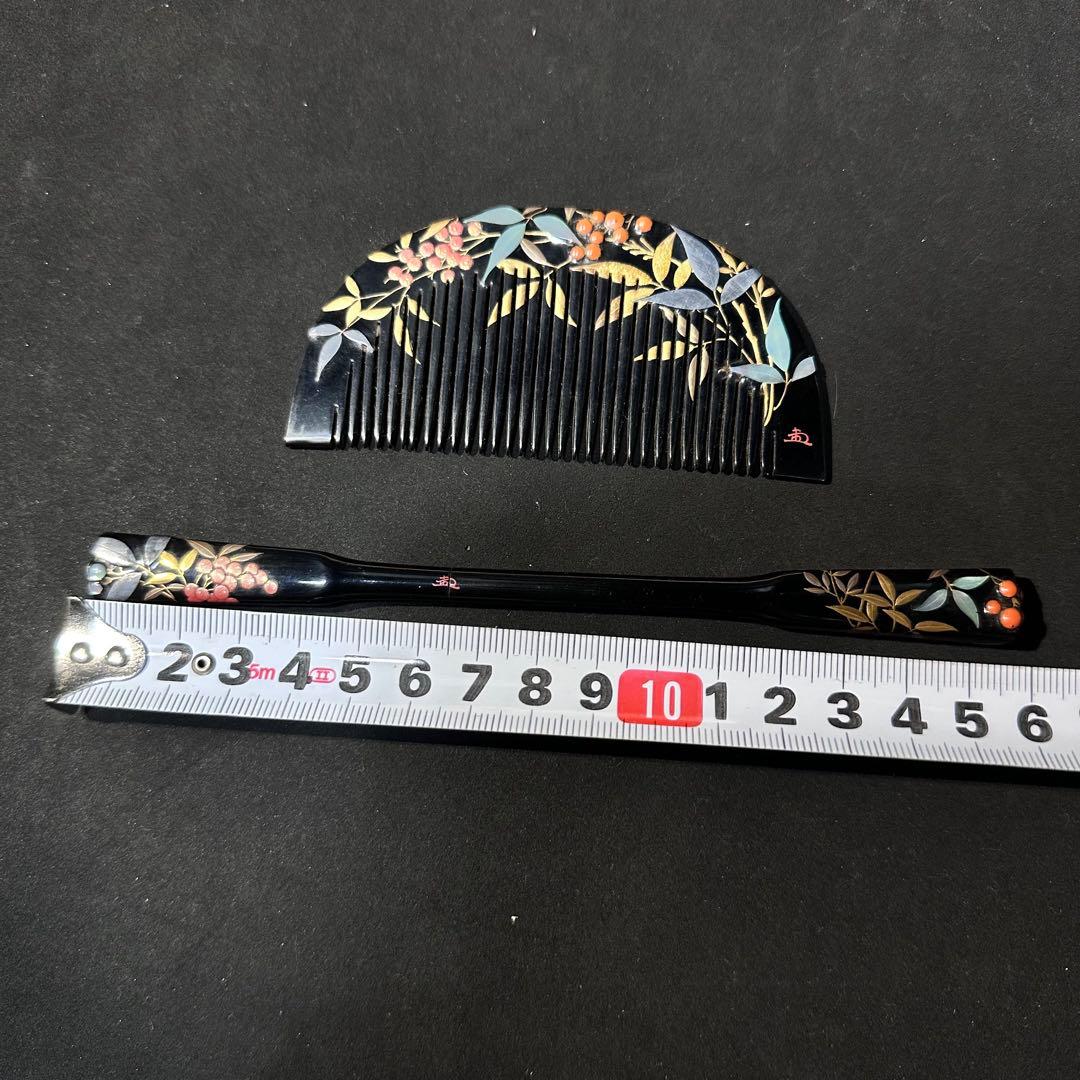 大正アンティーク 鼈甲 櫛笄 黒漆螺鈿細工 金細工髪飾り