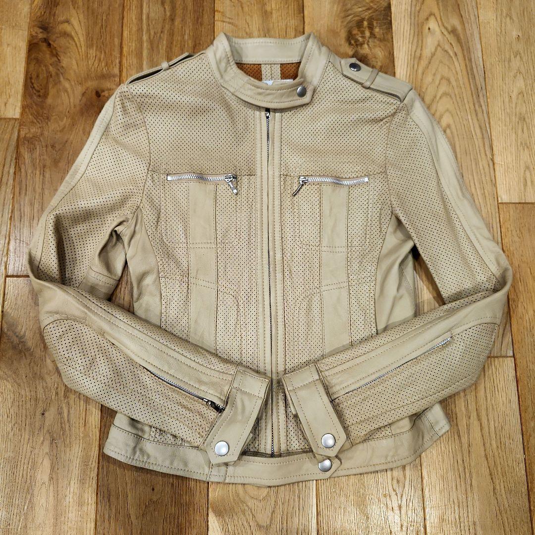 FLASK レザージャケットラムレザーベージュパンチング原料イタリア産