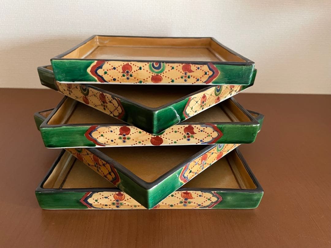 織部角皿 5枚セット 京織部草文角皿 (YS-209) 作家「瀬津義雄」