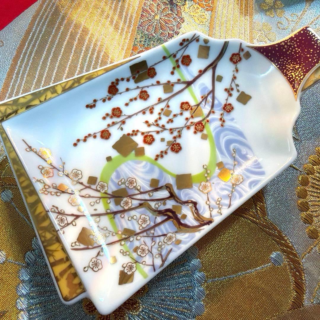 前畑陶器　庫山窯初梅　羽子板皿　春秋貝型　珍味入れ　豪華箸置き　No.4-47