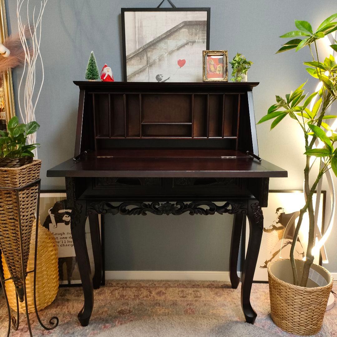 アンティーク調 猫脚ライティングビューロー 鳳凰×牡丹 彫り ダーク