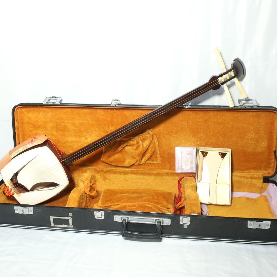 高級綾杉胴 中棹地唄三味線 2本溝 天然皮 正寸 木製