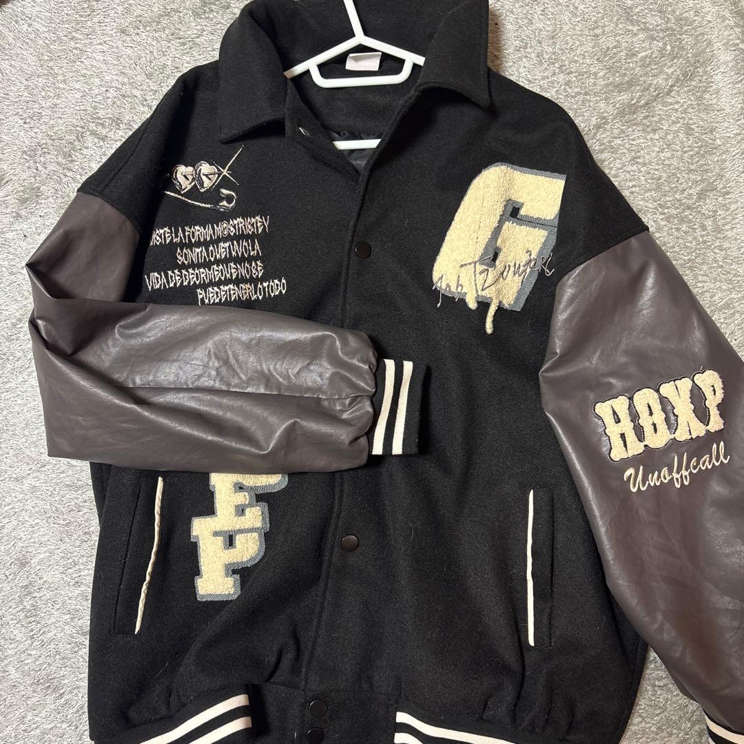 スタジャン ブラック/ブラウン ウール/レザー