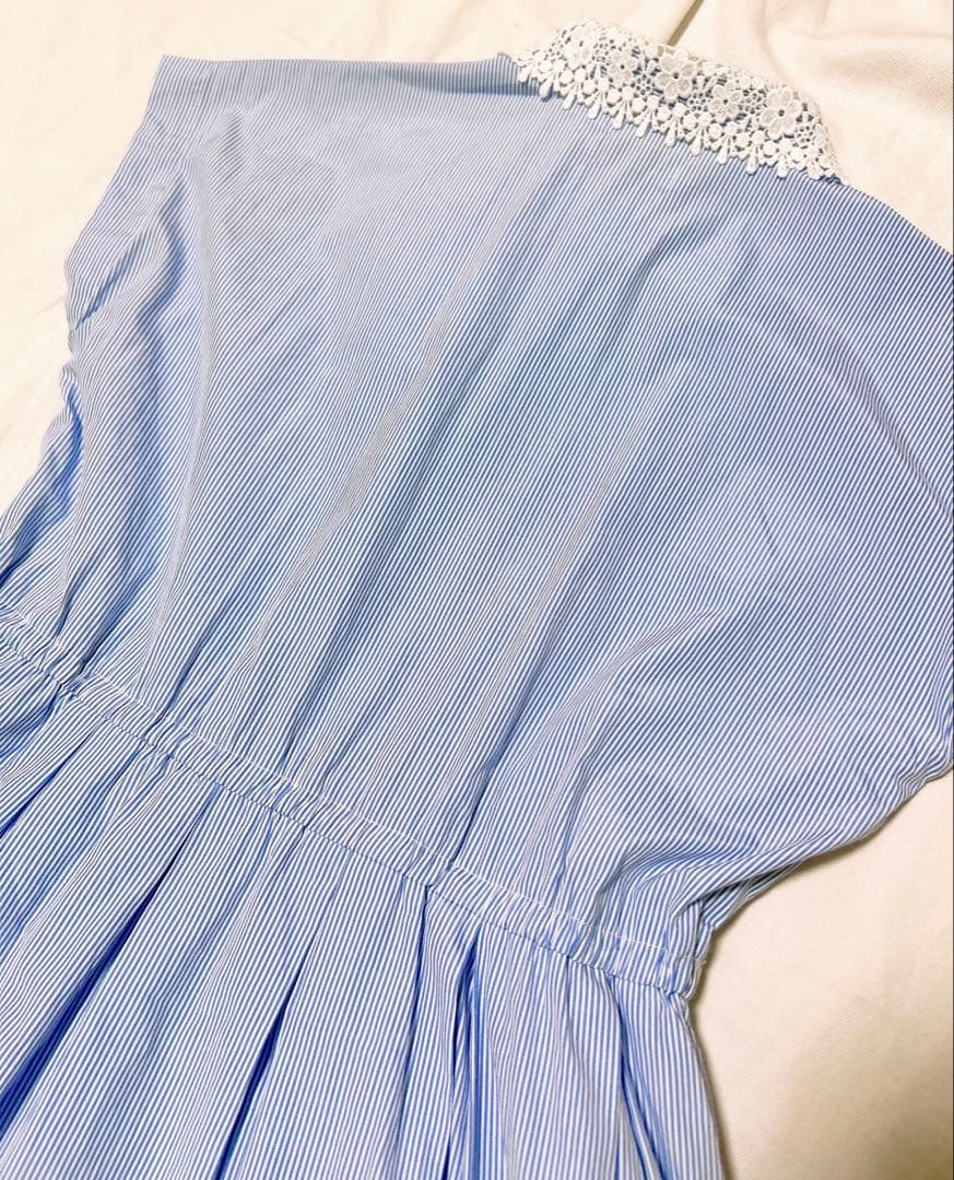 ケイトスペード サックスブルー 白 水色 ストライプ レース襟 半袖