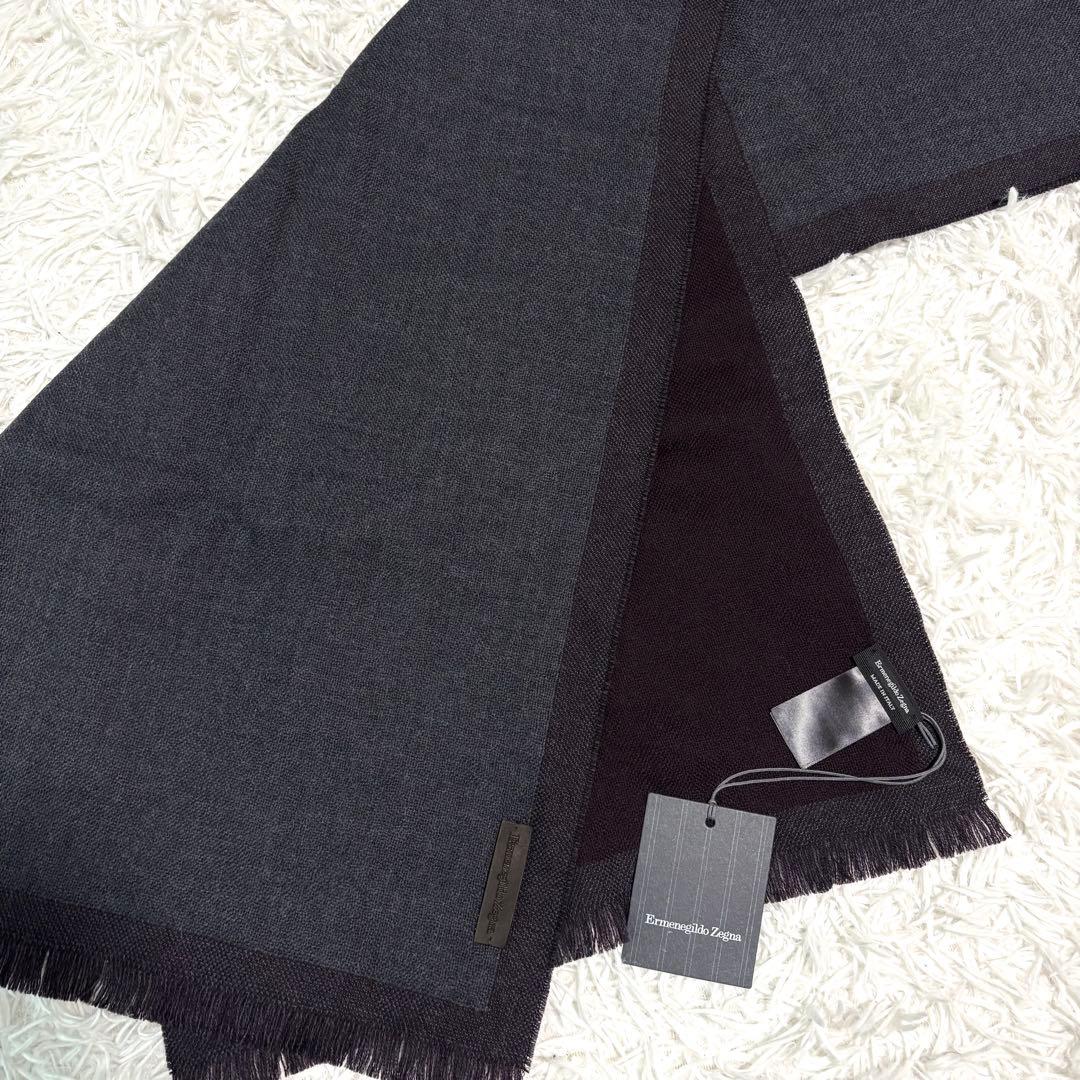 ✨新品タグ付/現行✨エルメネジルドゼニア マフラー レザーパッチ リバーシブル Ermenegildo Zegna エルメネジルド ゼニア ウール100％ ライン タグ