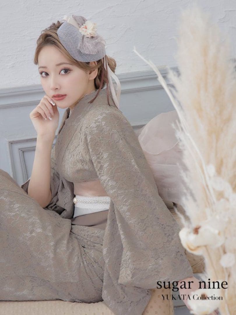 sugar 浴衣　フルセット　レース　モカ　ピンク　下駄　帯飾り　兵児帯　セット 即日発送】ピンクベージュフラワー浴衣【浴衣3点セット 浴衣/帯/下駄