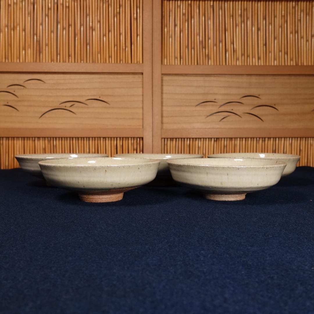 灰釉の釉調抜群 高鶴淳（父 高鶴元）薪窯 孟宗竹灰釉皿 平向付 5客 共
