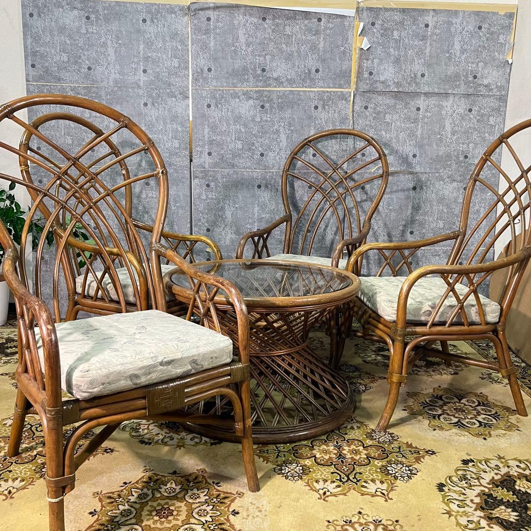 ꧁籐家具꧂コーヒーテーブル&チェア4脚セット ラタン 食卓机 椅子 昭和レトロ 今枝商店 籐 回転座椅子・ソファ・テーブル リビング 4点セット