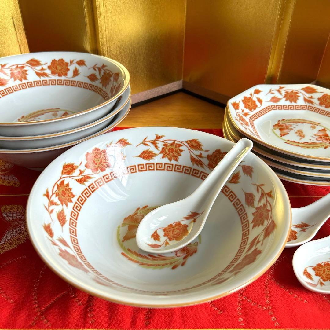 未使用品】ナルミ 鳴海 中華皿セット 鳳凰 レンゲ付ラーメン鉢・八角皿