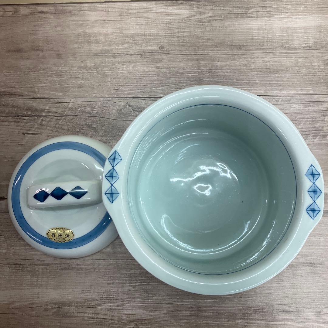 D-4 【有田焼】蓋付き 漬物鉢／万能容器（野菜絵付け）白磁に呉須