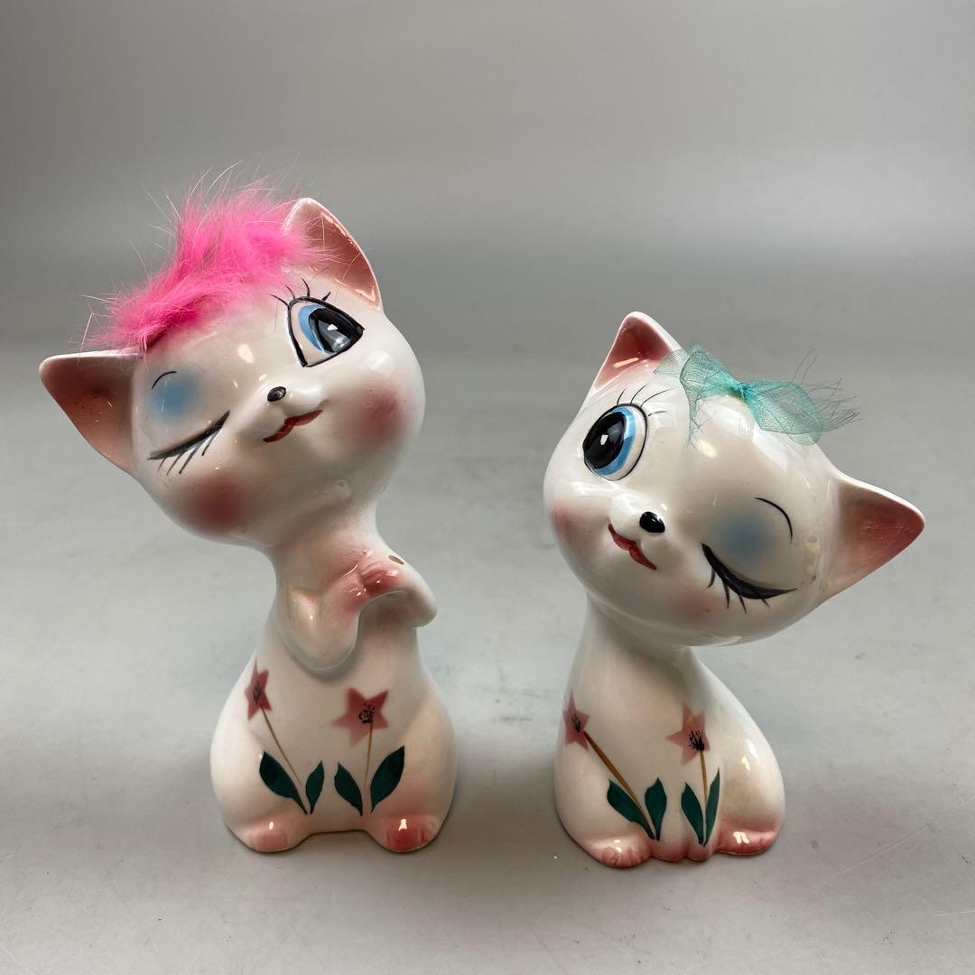 当時物 内藤ルネ 陶器 ピンクの可愛い姉妹 猫 ペア置物 昭和レトロ 2