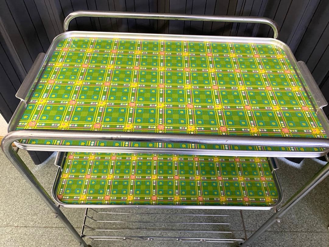 昭和レトロ】緑のチェック柄キッチンワゴン