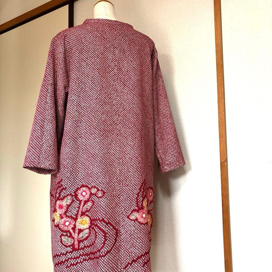 着物リメイク ワンピースチュニック美しい赤色白色総絞りカラフル