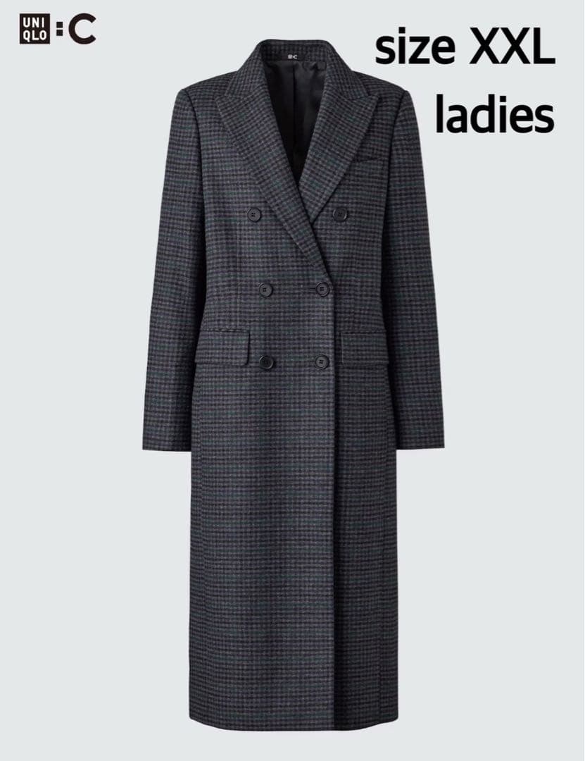 未使用級】UNIQLO Cダブルロングコート グレーチェック レディースXXL