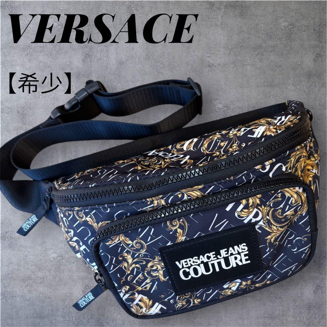 【未使用品】希少 VERSACE ナイロン ボディバッグ ブラック/ゴールド ヴェルサーチェ タグ ナッパ ホーボーバッグ ブラック,ゴールド
