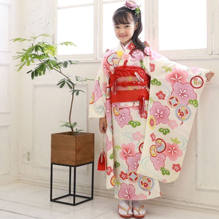 七五三 7歳 着物フル16点セット 28.クリーム地に菊・梅と雲 七五三 7