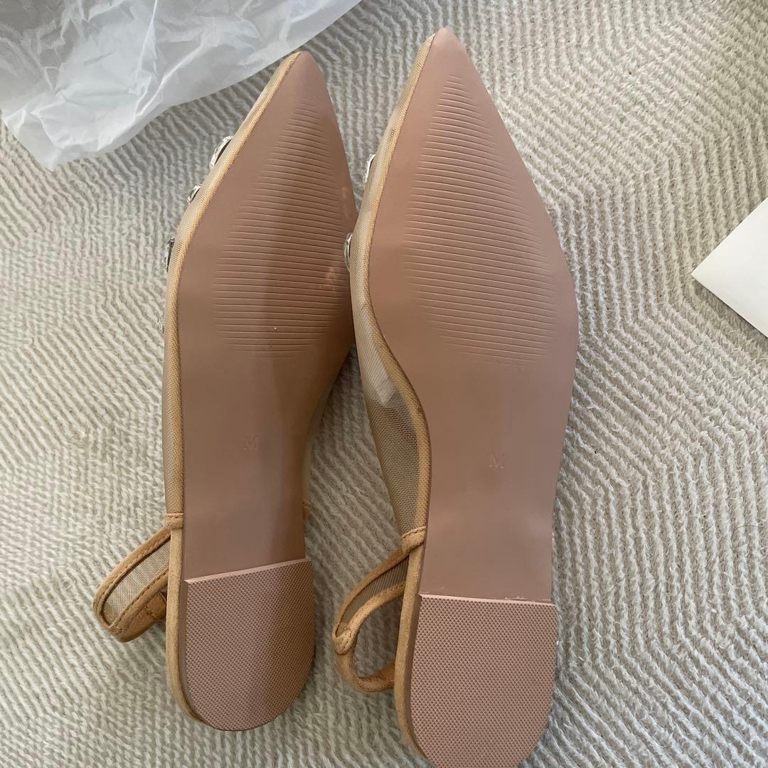 新品未使用】TULLEビジューバックストラップミュール ベージュ/クリア